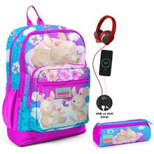 Coral High Pembe Mavi Tavşan USB Soketli Okul Çantası ve Kalemlik Seti - Kız Çocuk