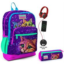 Coral High Mor Kedi USB Soketli Okul Çantası ve Kalemlik Seti - Kız Çocuk