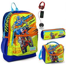Coral High Sarı Mavi Motorsiklet USB Soketli Üçlü İlkokul Çanta Seti - Erkek Çocuk