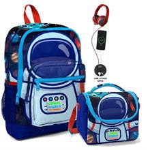 Coral High Okul Çantası ve Termal Beslenme Çanta Seti - Erkek Çocuk Mavi Astronot USB ve AUX Çıkışlı