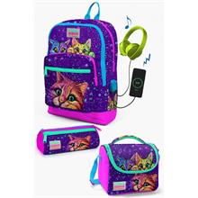 Coral High Kids Mor Pembe Kedi Desenli USB li 3lü Okul Çanta Seti - Kız Çocuk İlkokul Çanta Takımı