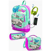 Coral High Kids Su Yeşili Pembe Kedi Desenli USB li 3lü Okul Çanta Seti - Kız Çocuk