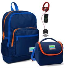 Coral High Okul Çantası ve Termal Beslenme Çanta Seti - Erkek Çocuk Lacivert Kırmızı USB ve AUX Çıkışlı