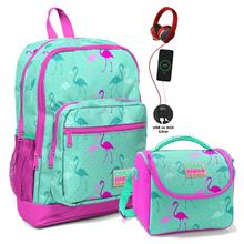 Coral High Okul Çantası ve Beslenme Çantası Seti - Kız Çocuk Yeşil Flamingo - USB Soketli