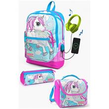 Coral High Kids Mavi Neon Pembe Unicorn Desenli USB li 3lü Okul Çanta Seti - Kız Çocuk