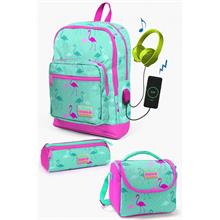 Coral High Kids Su Yeşili Neon Pembe Flamingo Desenli USB li 3lü Okul Çanta Seti - Kız Çocuk
