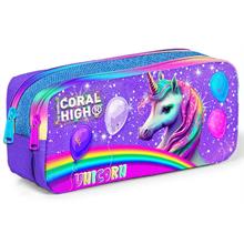 Coral High Mor Simli Unicorn İki Bölmeli Kalem Çantası - Kız Çocuk