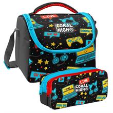 Coral High Siyah Mavi Gamer Desenli Erkek Çocuk Isı Yalıtımlı Beslenme Çantası ve Kalemlik Seti