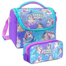 Coral High Mor Pembe Unicorn Desenli Kız Çocuk Isı Yalıtımlı Beslenme Çantası ve Kalemlik Seti