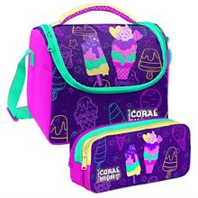 Coral High Mor Pembe Dondurma Desenli Kız Çocuk Isı Yalıtımlı Beslenme Çantası ve Kalemlik Seti
