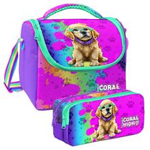 Coral High Mor Pembe Köpek Desenli Kız Çocuk Isı Yalıtımlı Beslenme Çantası ve Kalemlik Seti