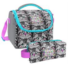 Coral High Gri Kedi Desenli Kız Çocuk Isı Yalıtımlı Beslenme Çantası ve Kalemlik Seti