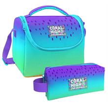 Coral High Mor Lila Renk Geçişli Desenli Kız Çocuk Isı Yalıtımlı Beslenme Çantası ve Kalemlik Seti