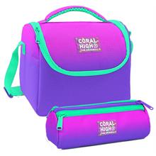 Coral High Pembe Mor Renk Geçişli Desenli Kız Çocuk Isı Yalıtımlı Beslenme Çantası ve Kalemlik Seti