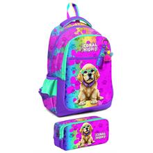 Coral High İlkokul Sırt Çantası ve Kalemlik Seti - Kız Çocuk - Mor Pembe Köpek