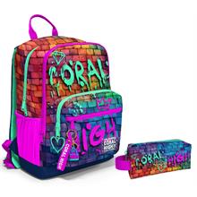 Coral High Dört Bölmeli Ortaokul Sırt Çantası ve Kalemlik Seti - Pembe Lacivert Grafiti - Erkek Çocuk