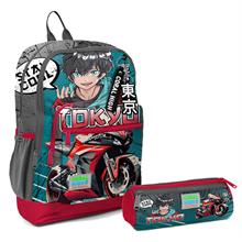 Coral High İlkokul Sırt Çantası ve Kalemlik Seti - Gri Nefti Anime Motorsiklet - Erkek Çocuk