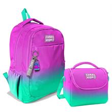 Coral High Kız Çocuk Üç Gözlü İlkokul ve Ortaokul Sırt Çantası+Beslenme - Pembe Su Yeşili Renk Geçişli