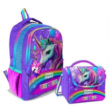 Coral High Kız Çocuk Üç Gözlü İlkokul ve Ortaokul Sırt Çantası+Beslenme - Mor Simli Unicorn