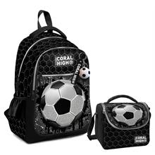 Coral High Üç Gözlü İlkokul Çantası ve Beslenme Çantası - Siyah Futbol Desenli - Erkek Çocuk
