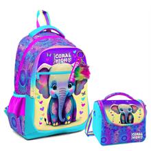 Coral High Üç Gözlü İlkokul Çantası ve Beslenme Çantası - Pembe Turkuaz Fil Desenli - Kız Çocuk