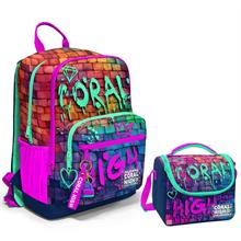 Coral High Dört Bölmeli Ortaokul Çantası ve Beslenme Çantası Seti - Pembe Lacivert Grafiti - Erkek Çocuk