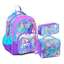 Coral High Kız Çocuk Üç Gözlü İlkokul Çanta Seti - Mor Pembe Unicorn Desenli