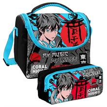 Coral High Siyah Mavi Anime Desenli Erkek Çocuk Isı Yalıtımlı Beslenme Çantası ve Kalemlik Seti