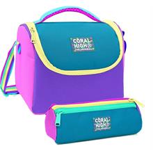 Coral High Pembe Pastel Renkli Desenli Kız Çocuk Isı Yalıtımlı Beslenme Çantası ve Kalemlik Seti