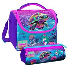 Coral High Pembe Mor Kaplumbağa Desenli Kız Çocuk Isı Yalıtımlı Beslenme Çantası ve Kalemlik Seti