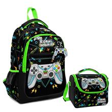 Coral High Üç Gözlü İlkokul Çantası ve Beslenme Çantası - Siyah Fosforlu Yeşil Gamer Desenli - Erkek Çocuk