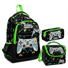 Coral High Erkek Çocuk Üç Gözlü İlkokul Çanta Seti - Siyah Fosforlu Yeşil Gamer Desenli