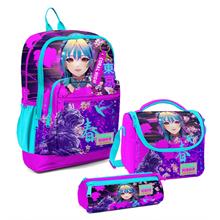 Coral High Kız Çocuk Üçlü İlkokul Okul Çanta Seti - Mor Pembe Anime Kedi