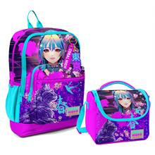 Coral High Dört Bölmeli Kız Çocuk Okul Sırt Çantası ve Beslenme Seti - Mor Pembe Anime Kedi