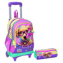 Coral High Sarı Pembe Sevimli Köpek Işıklı Tekerlekli Çekçek Çanta ve Kalemlik Seti - Kız Çocuk