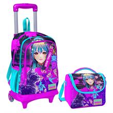 Coral High Mor Pembe Anime Kedi Işıklı Tekerlekli Okul Çantası ve Beslenme Seti - Kız Çocuk