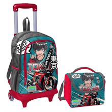 Coral High Gri Nefti Anime Motorsiklet Işıklı Tekerlekli Okul Çantası ve Beslenme Seti - Erkek Çocuk
