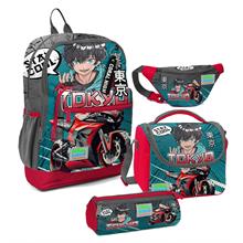 Coral High Erkek Çocuk Gri Nefti Anime Motorsiklet Desenli İlkokul Okul Çanta Seti ve Bel Çantası