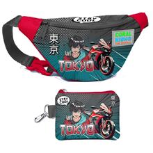 Coral High Erkek Çocuk Gri Nefti Anime Motorsiklet Desenli Bel Çantası ve Bozuk Para Cüzdanı Set