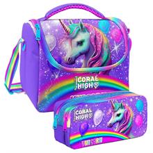 Coral High Mor Simli Unicorn Desenli Kız Çocuk Isı Yalıtımlı Beslenme Çantası ve Kalemlik Seti