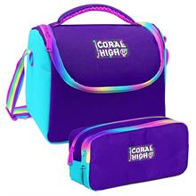 Coral High Rainbow Fermuarlı Mor Desenli Kız Çocuk Isı Yalıtımlı Beslenme Çantası ve Kalemlik Seti