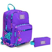 Coral High Dört Bölmeli Ortaokul Sırt Çantası ve Kalemlik Seti - Mor Leopar - Kız Çocuk
