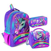 Coral High Üç Gözlü İlkokul ve Ortaokul Çanta Seti - Kız Çocuk - Mor Simli Unicorn Desenli