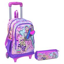 Coral High Pembe Mor Fashion Girl Işıklı Tekerlekli Çekçek Çanta ve Kalemlik Seti - Kız Çocuk