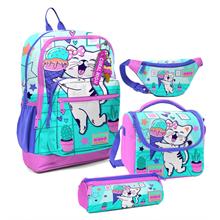 Coral High Kız Çocuk Turkuaz Pembe Dondurmalı Kedi Desenli İlkokul Okul Çanta Seti ve Bel Çantası