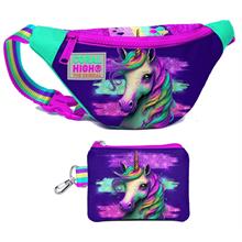 Coral High Kız Çocuk Pembe Su Yeşili Unicorn Desenli Bel Çantası ve Bozuk Para Cüzdanı Set