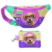Coral High Kız Çocuk Sarı Pembe Sevimli Köpek Desenli Bel Çantası ve Bozuk Para Cüzdanı Set