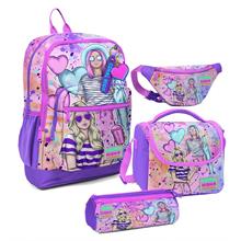 Coral High Kız Çocuk Pembe Mor Fashion Girl Desenli İlkokul Okul Çanta Seti ve Bel Çantası