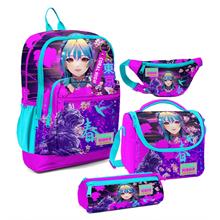 Coral High Kız Çocuk Mor Pembe Anime Kedi Desenli İlkokul Okul Çanta Seti ve Bel Çantası