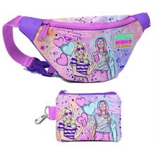 Coral High Kız Çocuk Pembe Mor Fashion Girl Desenli Bel Çantası ve Bozuk Para Cüzdanı Set